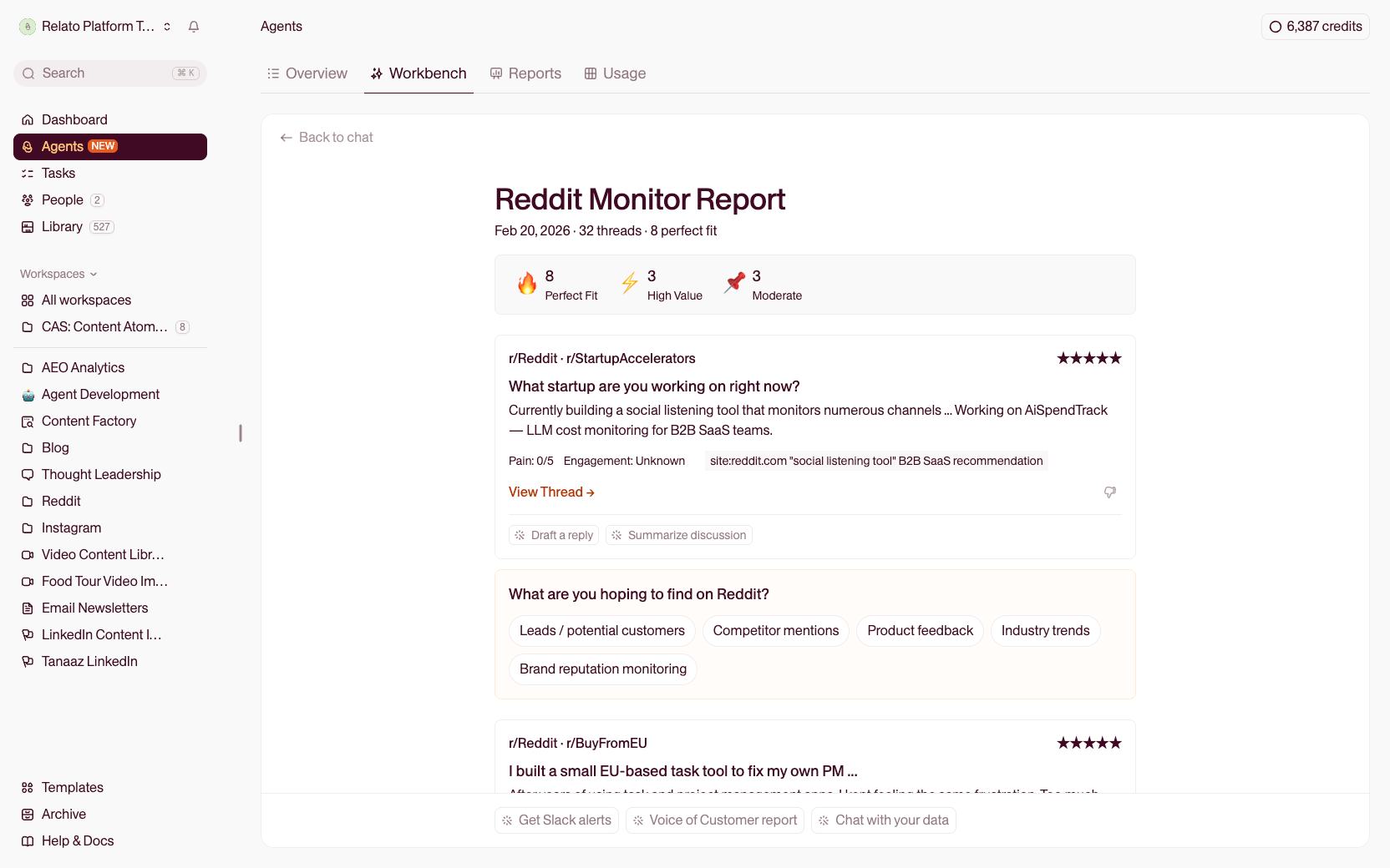 Reddit Monitor overlay showing scored thread cards with sentiment tags and subreddit labels
