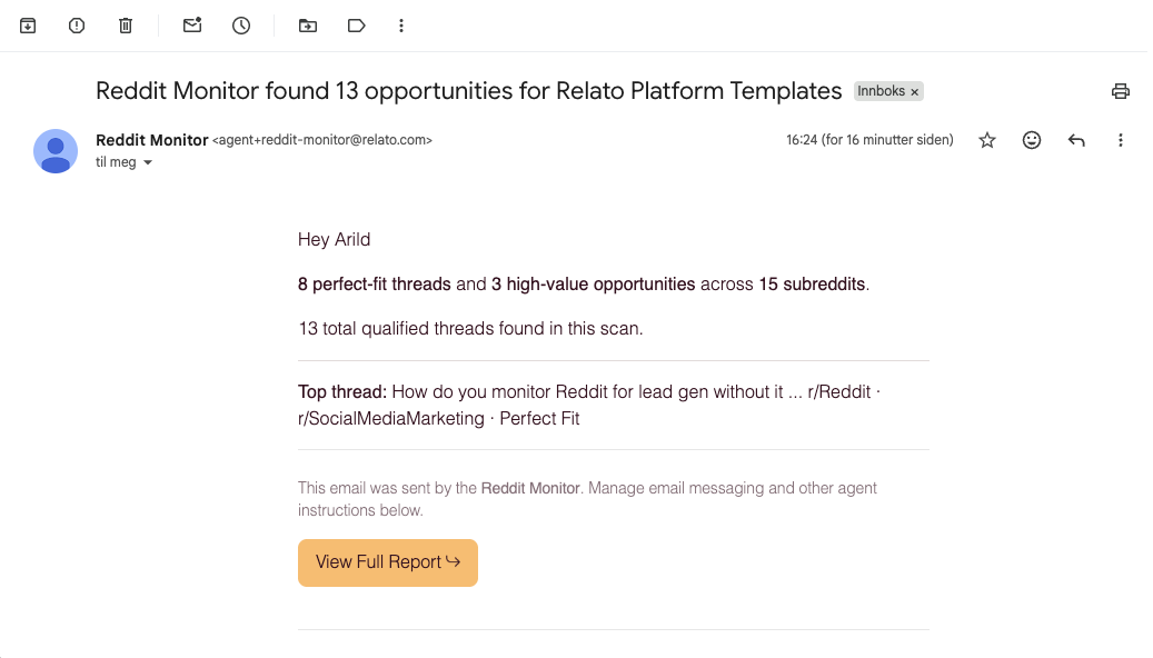 Daily Reddit Monitor email summary with scored threads