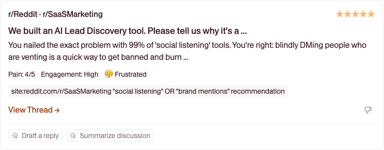 Thread card with sentiment, pain score, and opportunity rating