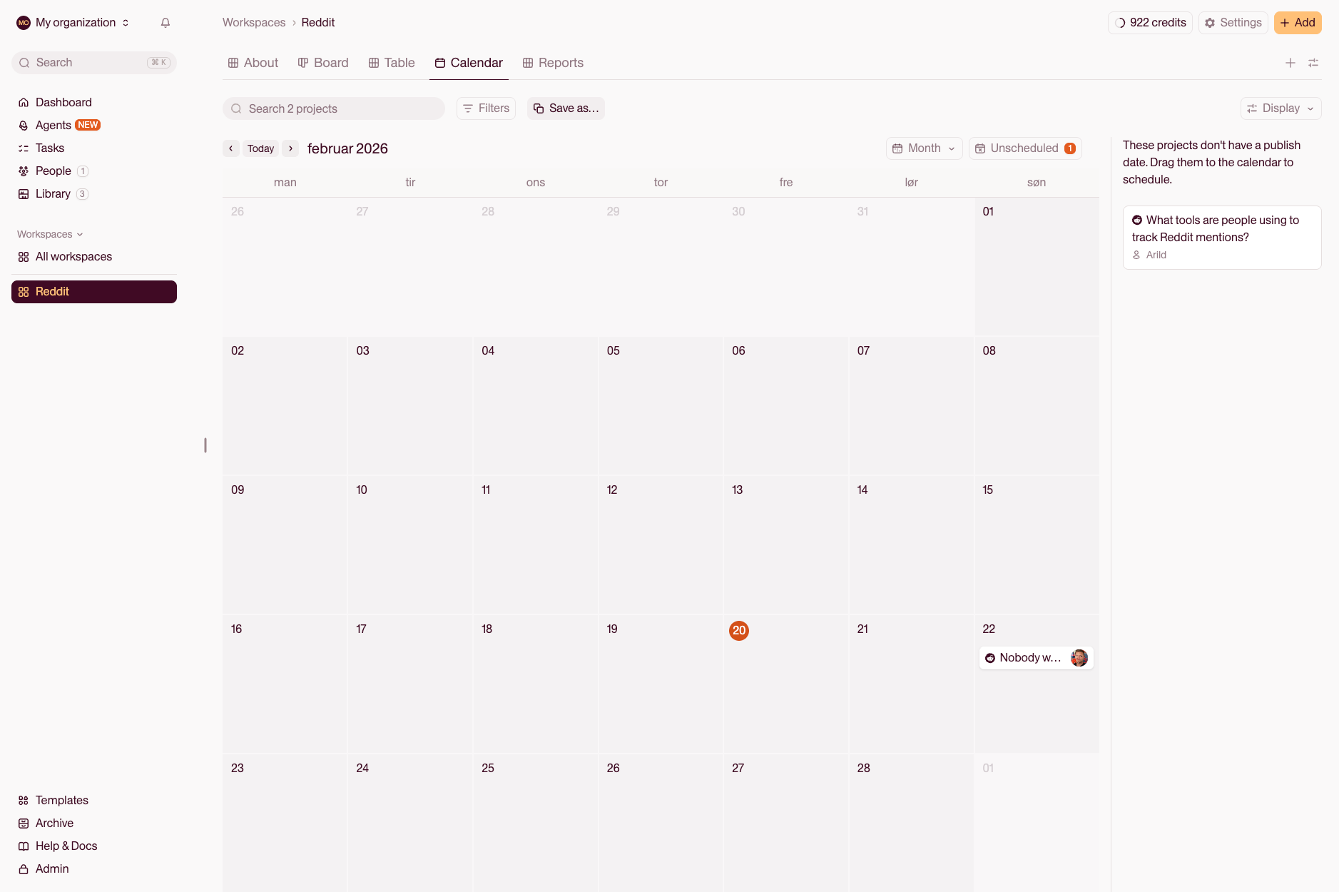 Content calendar view with scheduled posts from discovered threads