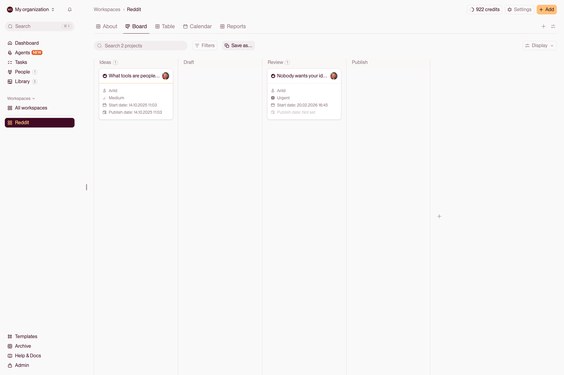 Content pipeline board showing threads flowing through stages